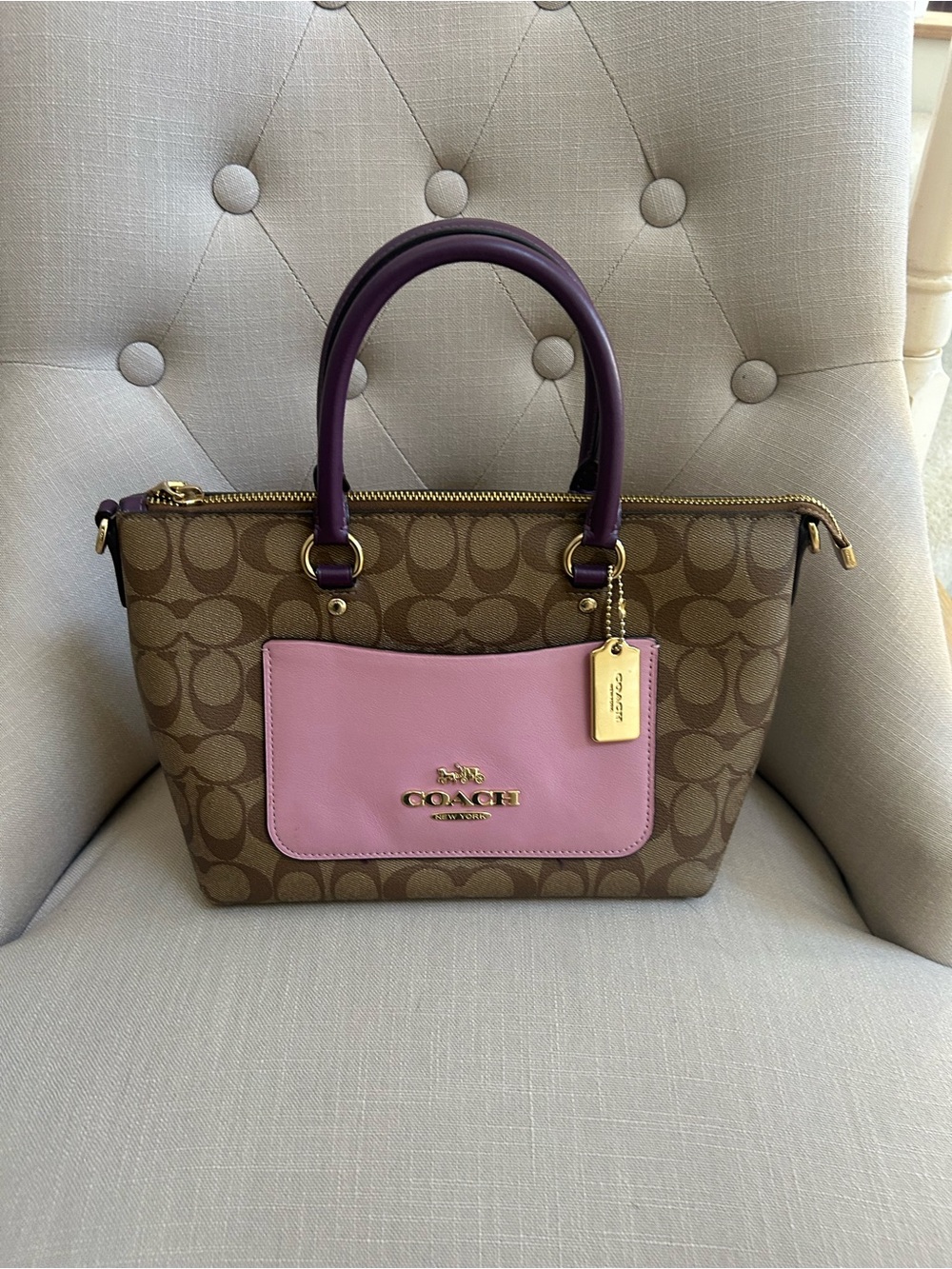 Coach Brown  Canvas Satchel Mini Emma Signature Pink Pocket and Purple Handles